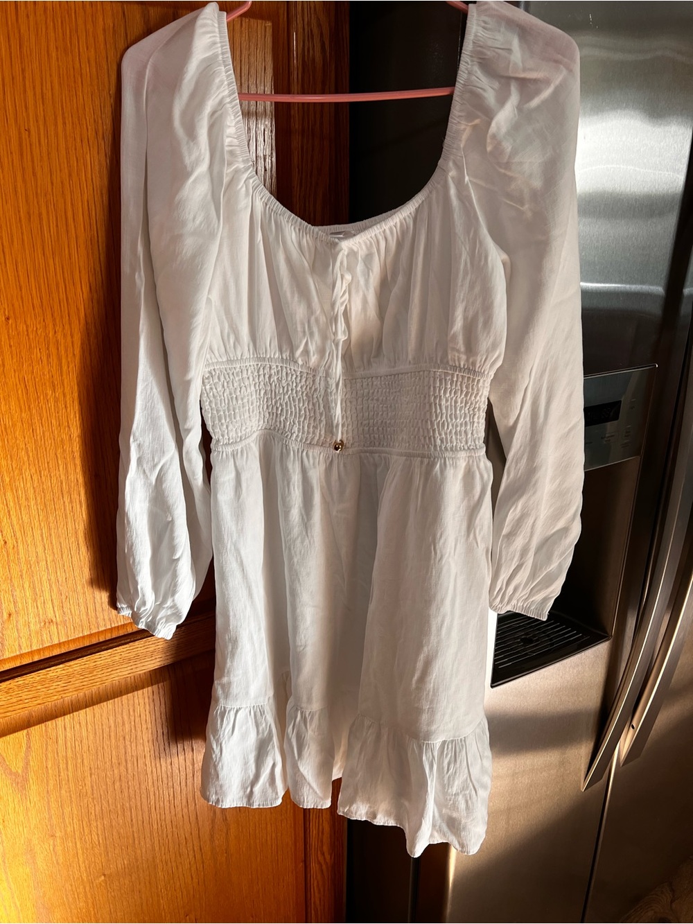 White Smocked-Waist Mini Dress with Puff Sleeves